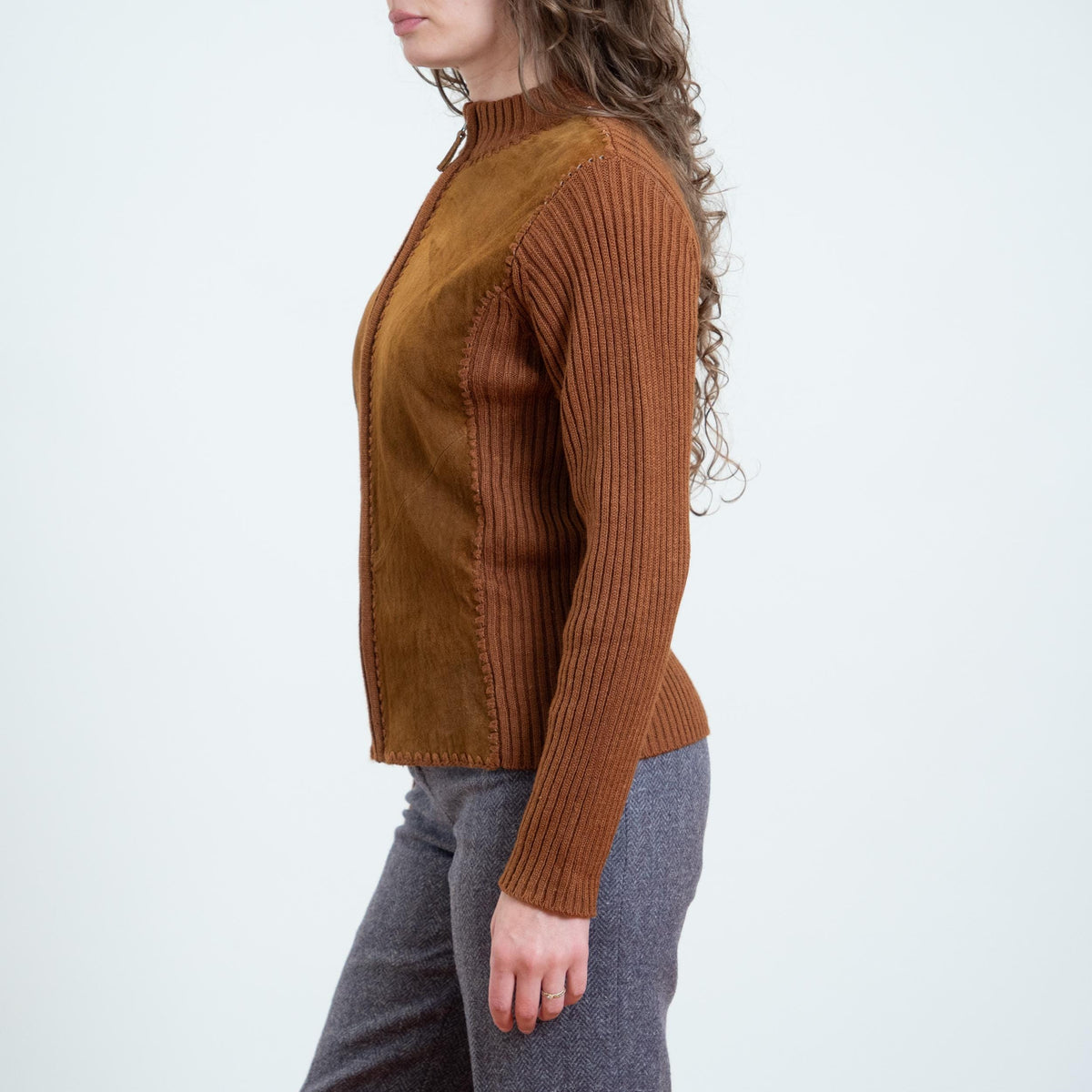 Vintage 90s Does 70s Brown Suede & Knit Cardigan - Medium | Leather Zip Up Sweater Jacket