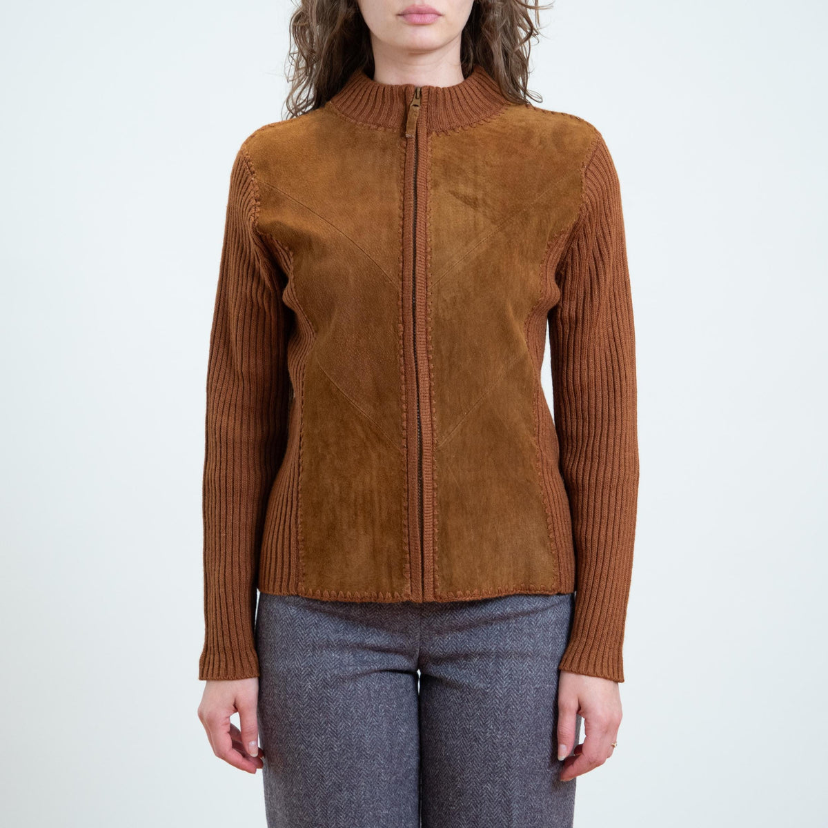 Vintage 90s Does 70s Brown Suede & Knit Cardigan - Medium | Leather Zip Up Sweater Jacket