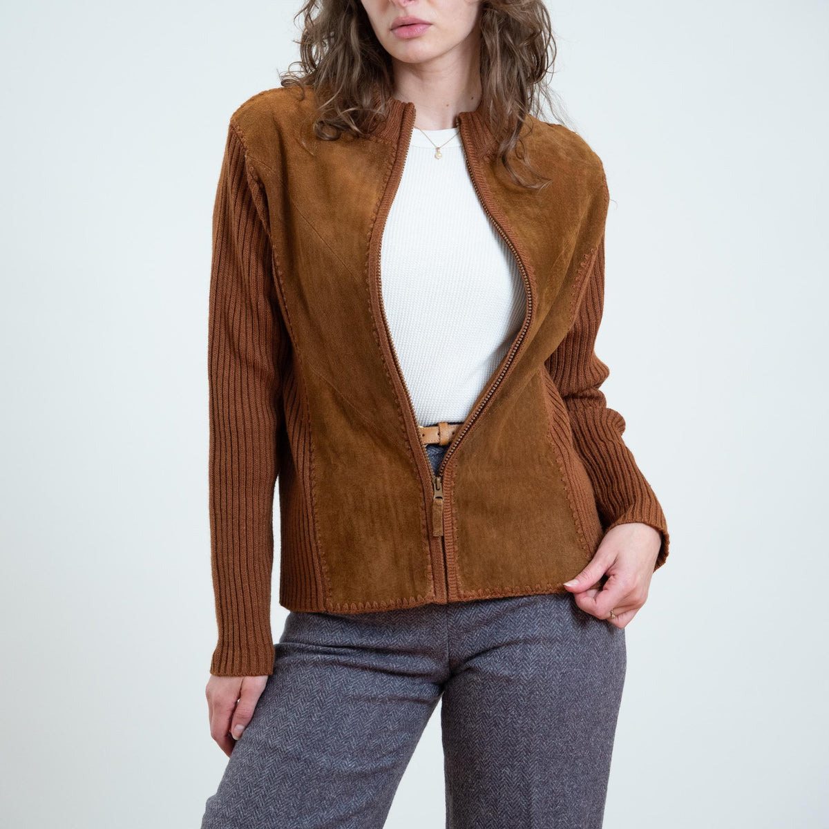 Vintage 90s Does 70s Brown Suede & Knit Cardigan - Medium | Leather Zip Up Sweater Jacket