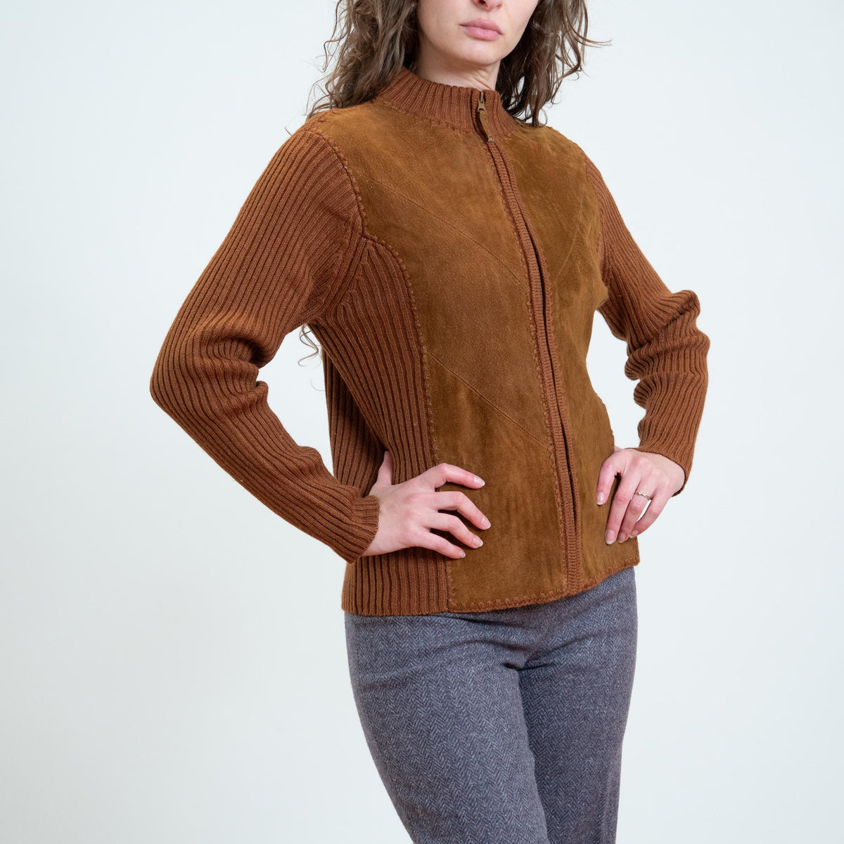 Vintage 90s Does 70s Brown Suede & Knit Cardigan - Medium | Leather Zip Up Sweater Jacket