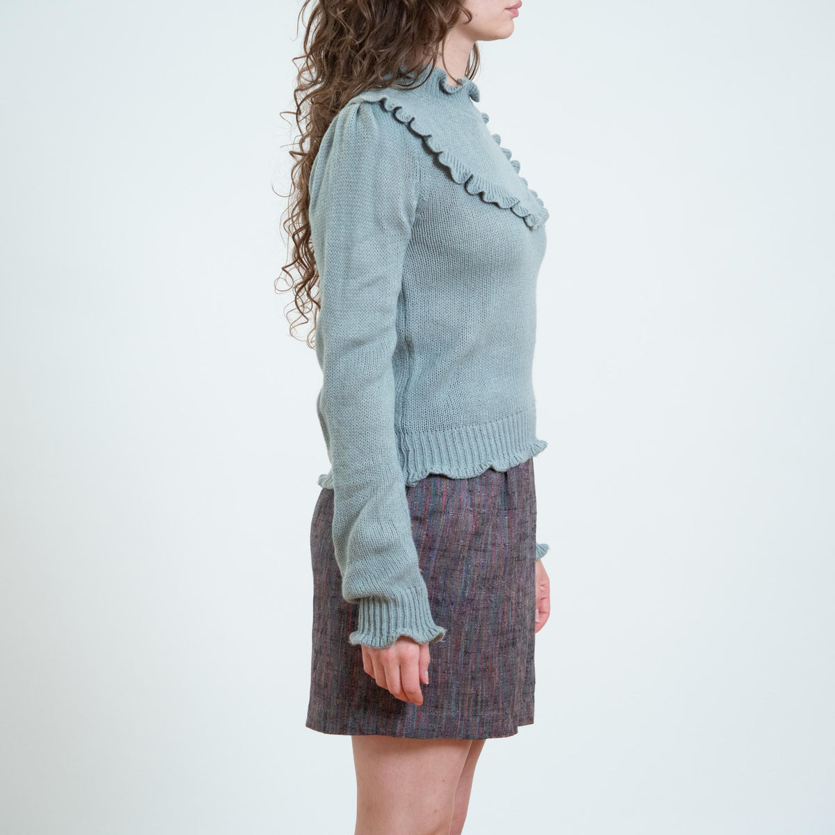 Vintage 80s Does Victorian Grey Knit Ruffle Sweater - Small | Preppy Knit Pullover