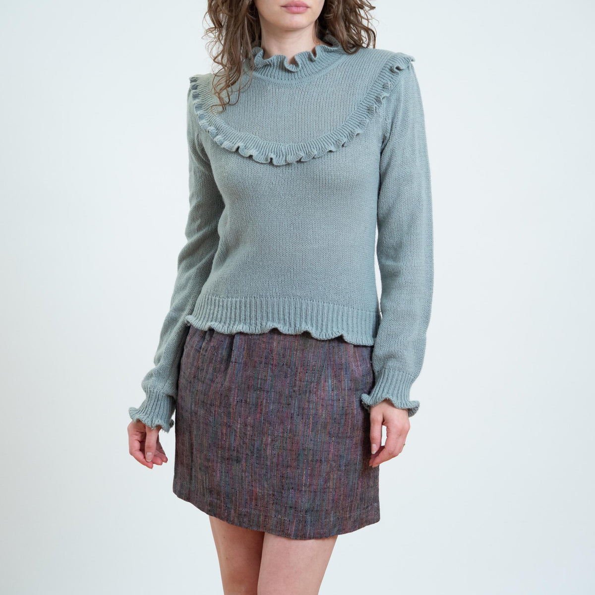 Vintage 80s Does Victorian Grey Knit Ruffle Sweater - Small | Preppy Knit Pullover