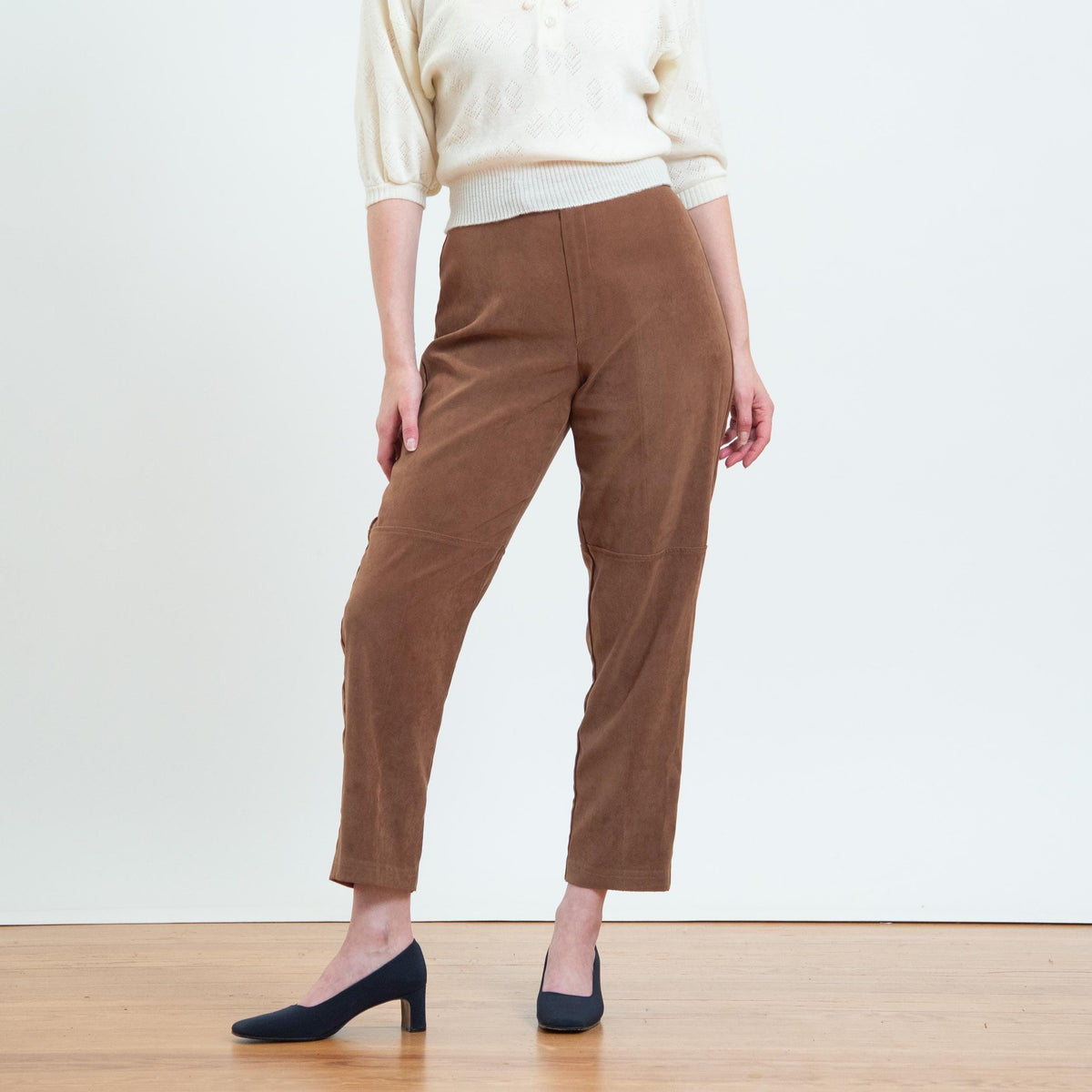 Vintage 80s Caramel Brown Ultrasuede Trousers - Petite Medium, 28.5" | Faux Leather Tapered Leg Pants