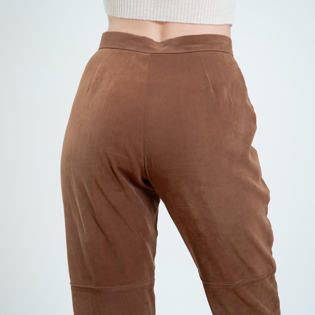 Vintage 80s Caramel Brown Ultrasuede Trousers - Petite Medium, 28.5" | Faux Leather Tapered Leg Pants