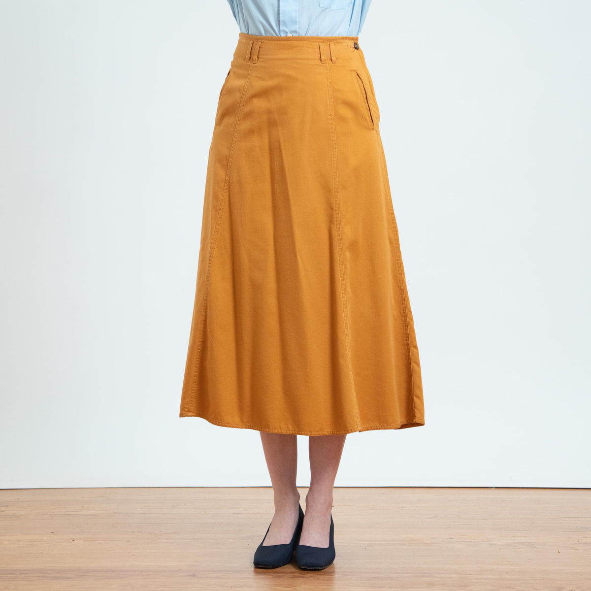Vintage 90s Mustard A-Line Midi Skirt - Small, 27" Waist | Lizwear High Waisted Cotton Skirt