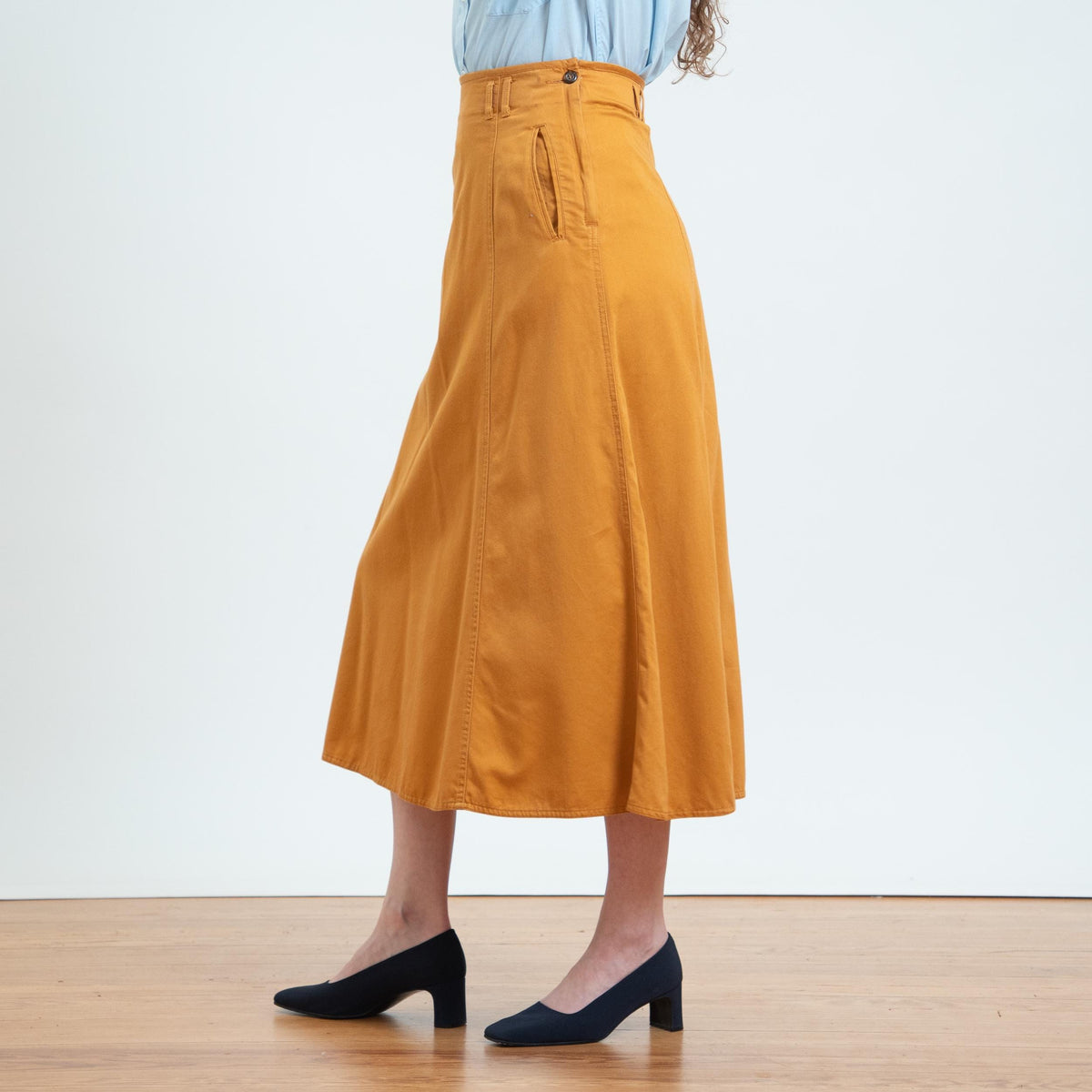 Vintage 90s Mustard A-Line Midi Skirt - Small, 27" Waist | Lizwear High Waisted Cotton Skirt