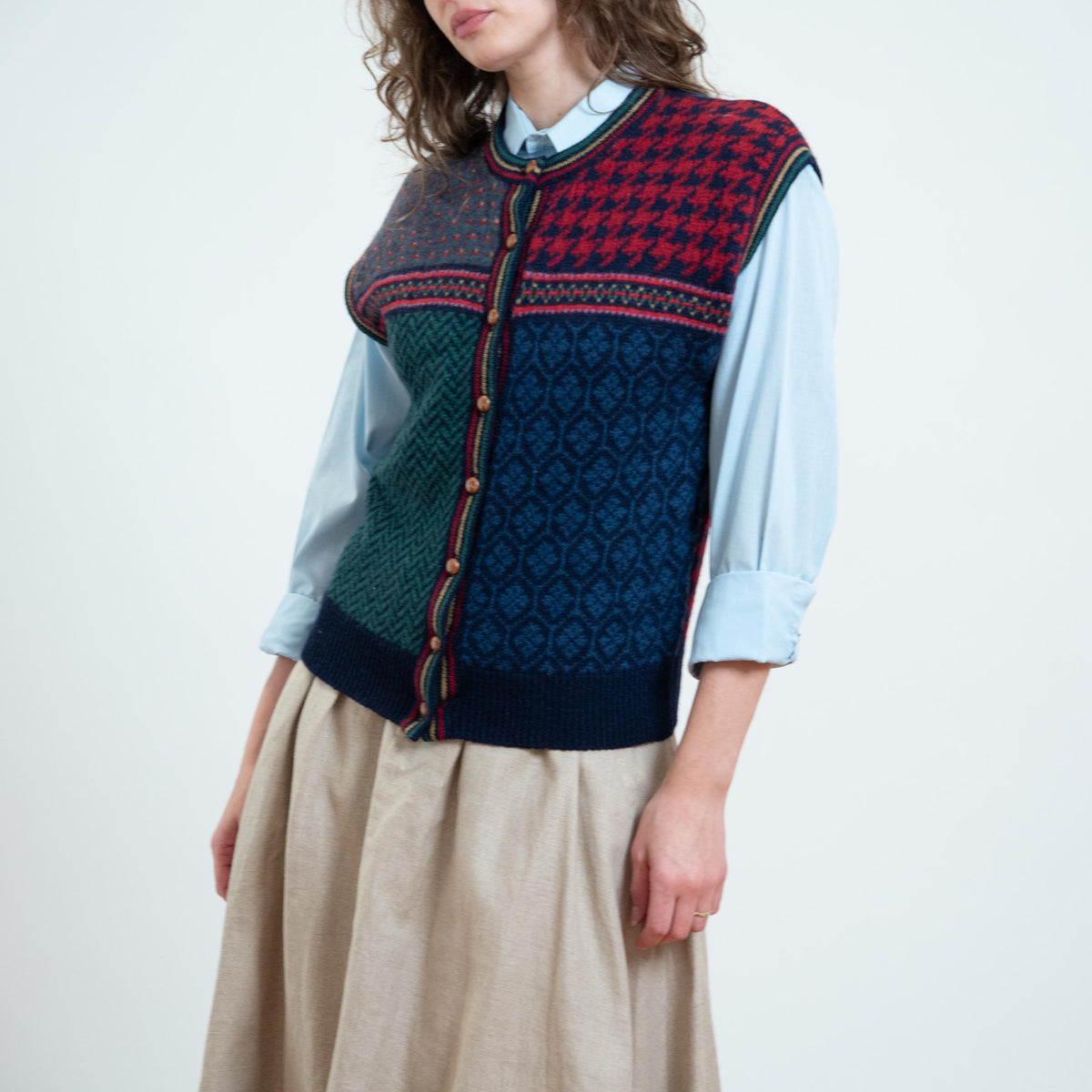Vintage 80s Susan Bristol Jewel Tone Wool Sweater Vest - Medium | Cap Sleeve Button Up Knit Top