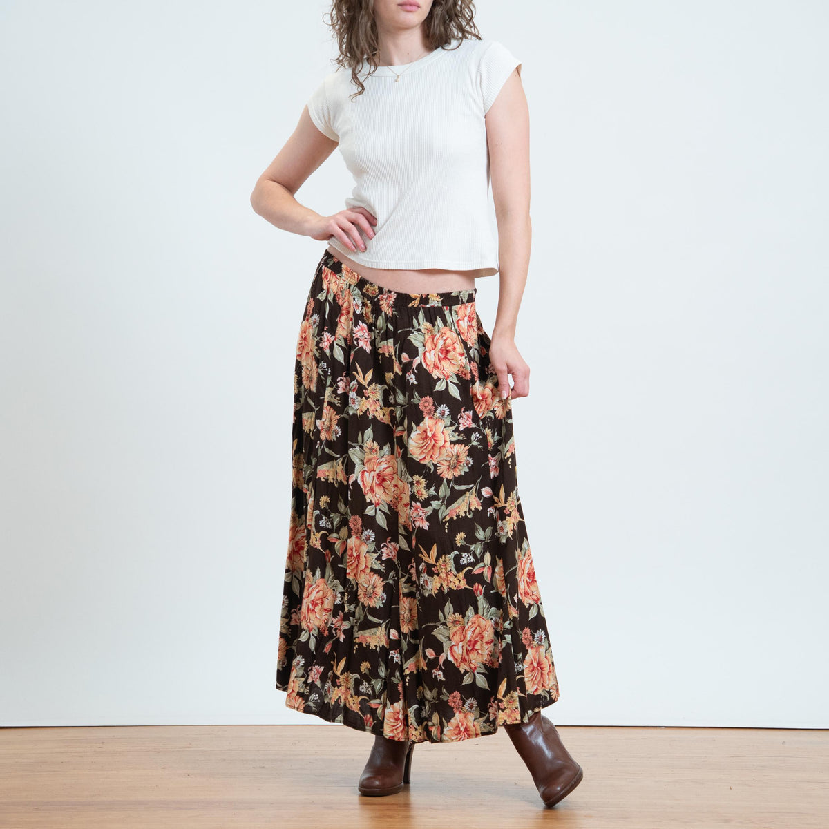 Vintage 90s Brown Wildflower Maxi Skirt - Extra Large | Boho Floral High Waisted A Line Skirt