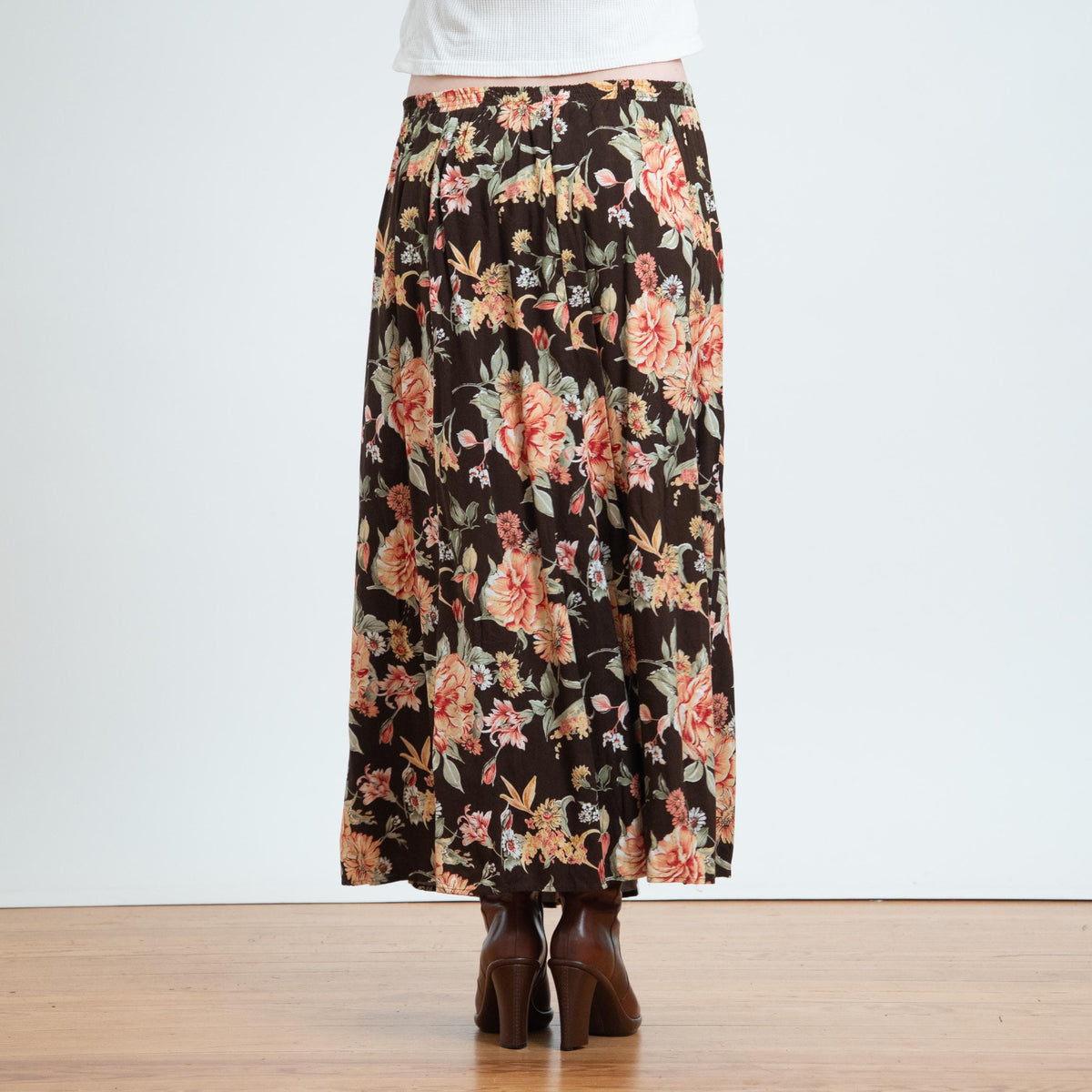 Vintage 90s Brown Wildflower Maxi Skirt - Extra Large | Boho Floral High Waisted A Line Skirt