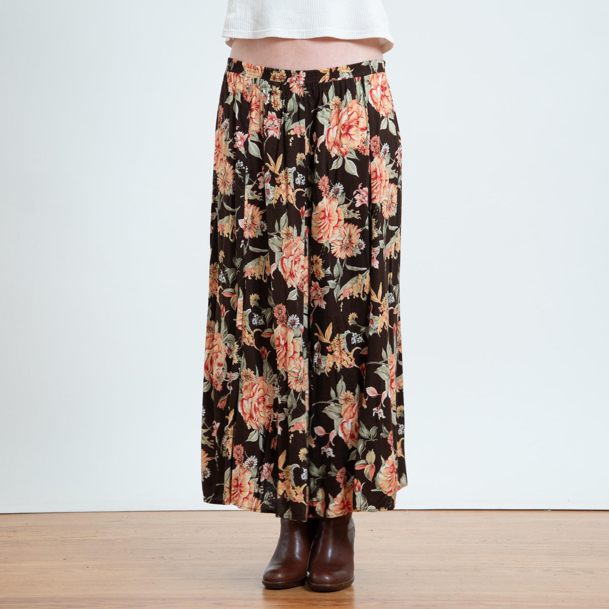 Vintage 90s Brown Wildflower Maxi Skirt - Extra Large | Boho Floral High Waisted A Line Skirt