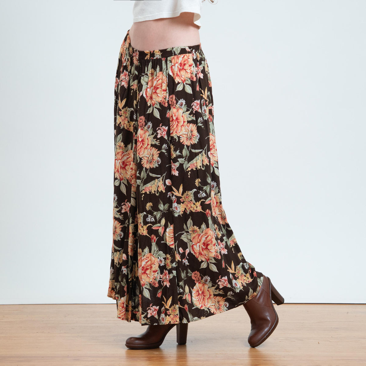 Vintage 90s Brown Wildflower Maxi Skirt - Extra Large | Boho Floral High Waisted A Line Skirt