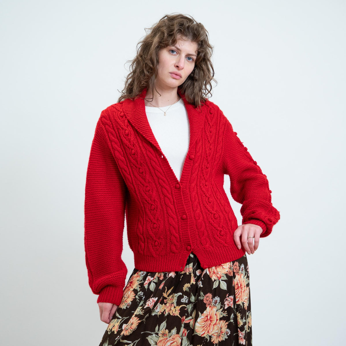 Vintage 90s L.L. Bean Red Cable Knit Cardigan - Large | Shawl Collar Button Up Chunky Sweater