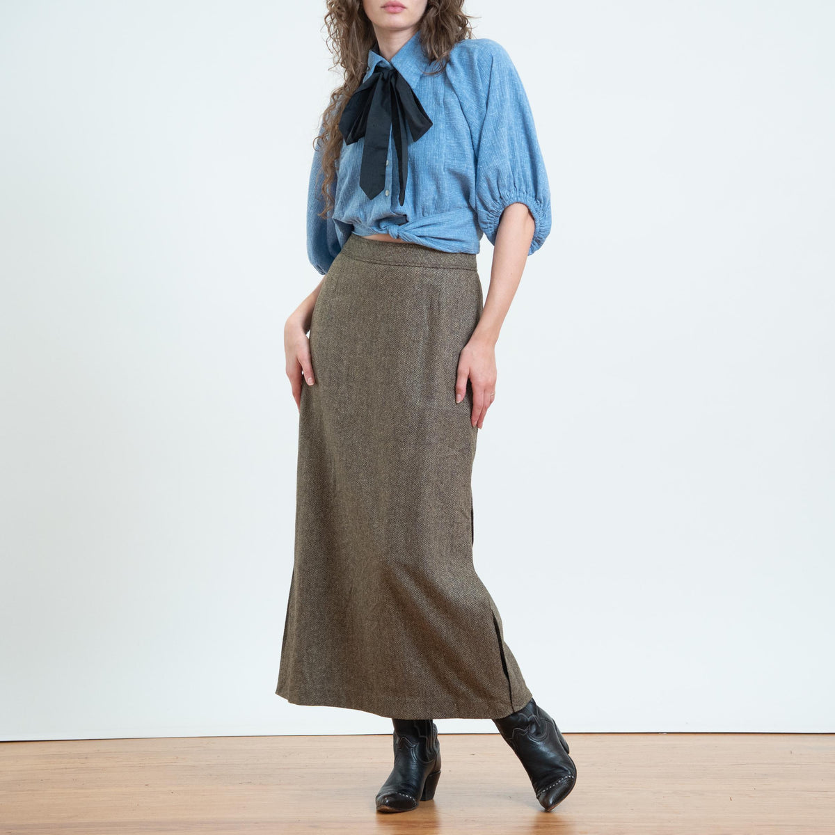 Vintage 90s Herringbone Tweed Maxi Skirt - Small, 27” Waist | Minimalist High Waisted Vented Side Slit Skirt
