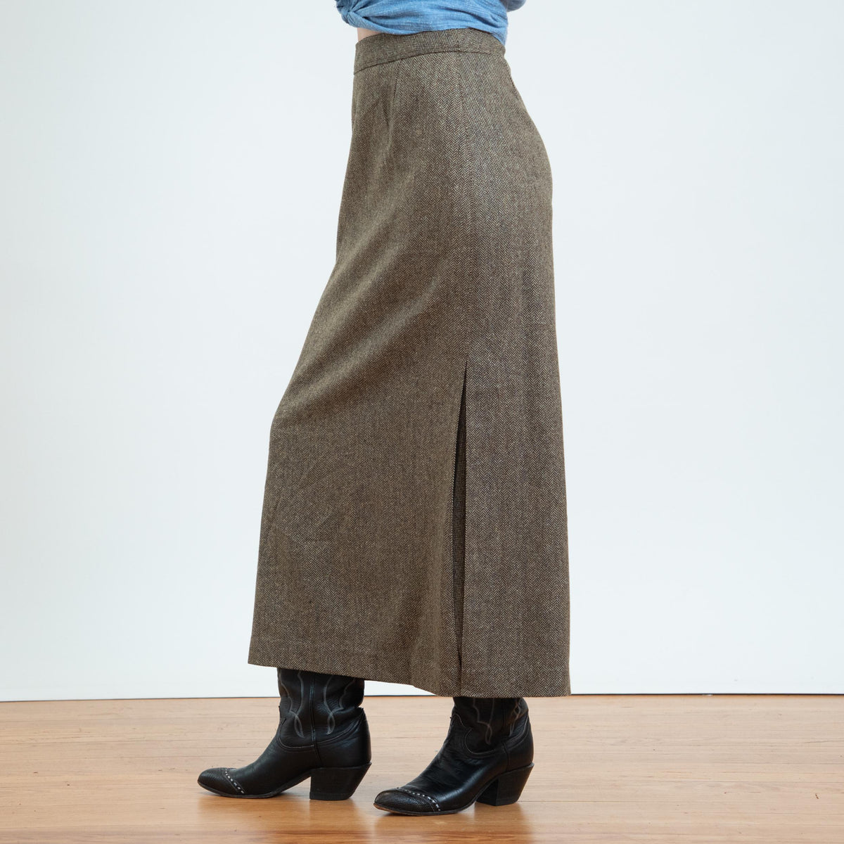 Vintage 90s Herringbone Tweed Maxi Skirt - Small, 27” Waist | Minimalist High Waisted Vented Side Slit Skirt