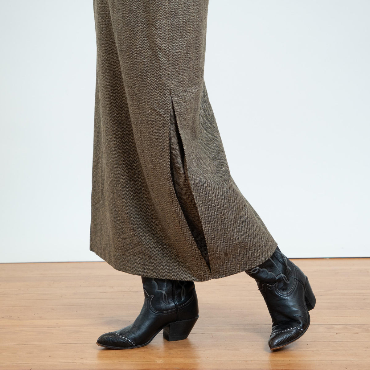 Vintage 90s Herringbone Tweed Maxi Skirt - Small, 27” Waist | Minimalist High Waisted Vented Side Slit Skirt