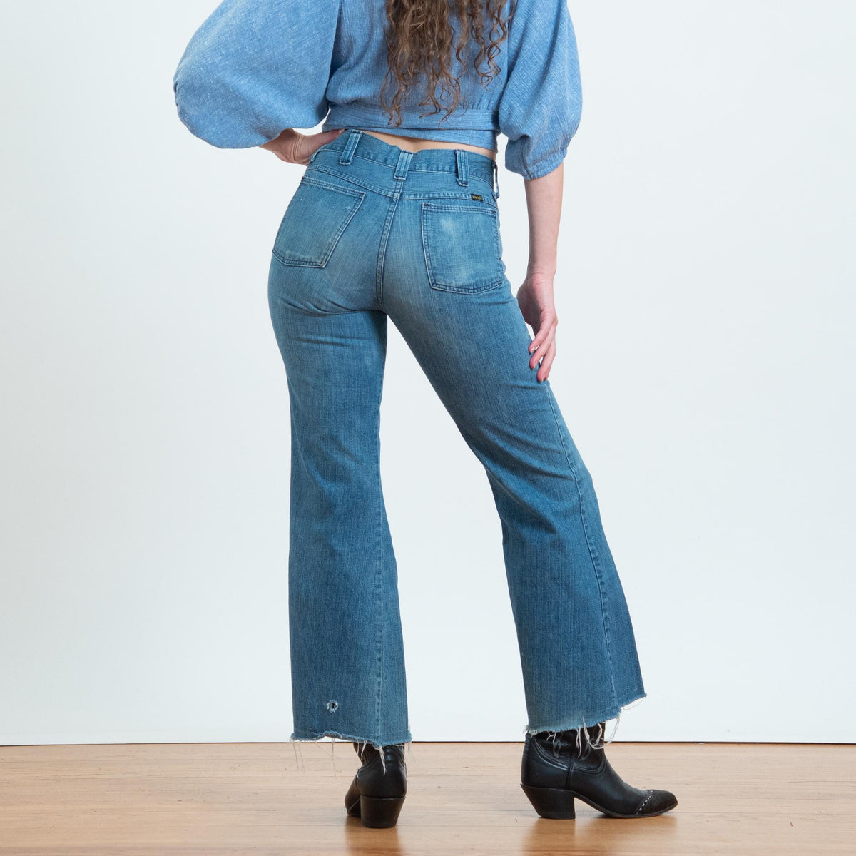Vintage 70s Wrangler Flared Sailor Jeans - Unisex Small, 29" Waist | Distressed Mid Rise Denim Bell Bottoms