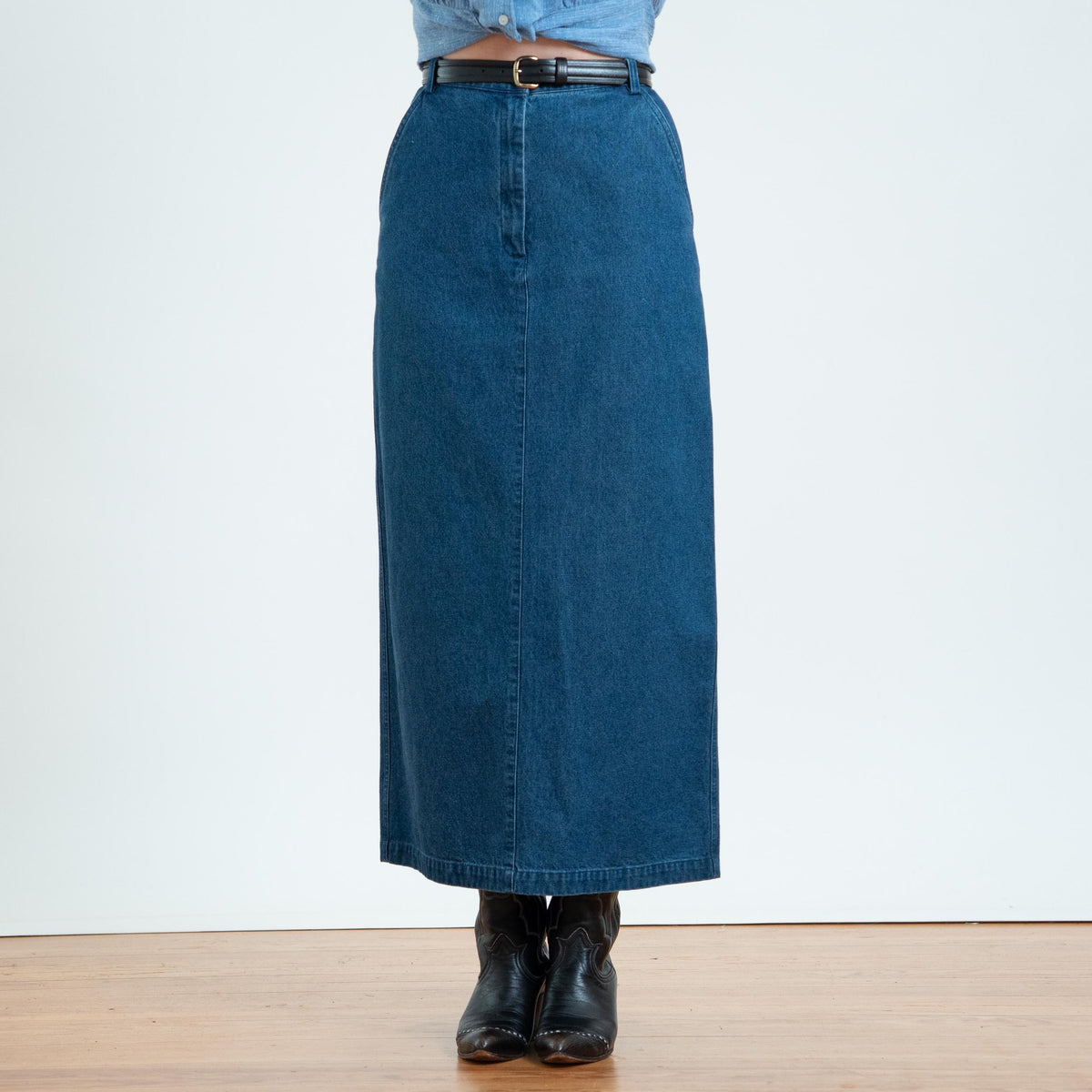 Vintage 90s Dark Wash Denim Maxi Skirt - Small, 27" Waist | High Rise Long Straight Jean Skirt