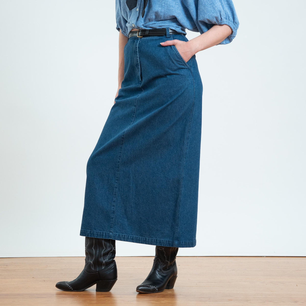 Vintage 90s Dark Wash Denim Maxi Skirt - Small, 27" Waist | High Rise Long Straight Jean Skirt