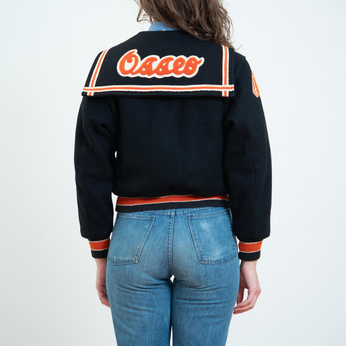 Vintage 80s Does 50s Black & Orange Wool Varsity Jacket - Small | Zip Up Letterman Bomber Coat
