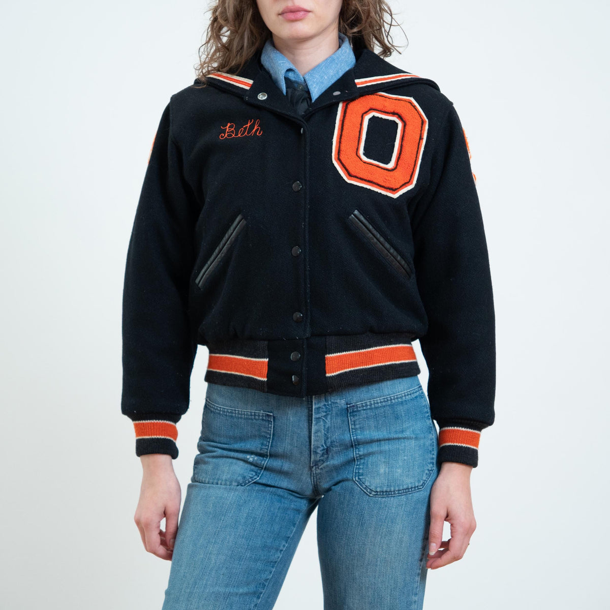 Vintage 80s Does 50s Black & Orange Wool Varsity Jacket - Small | Zip Up Letterman Bomber Coat