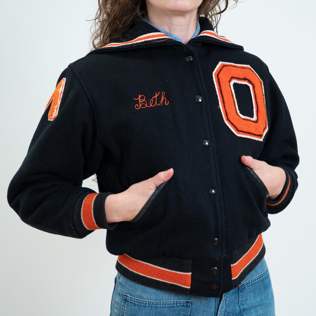 Vintage 80s Does 50s Black & Orange Wool Varsity Jacket - Small | Zip Up Letterman Bomber Coat