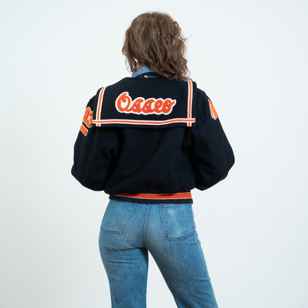 Vintage 80s Does 50s Black & Orange Wool Varsity Jacket - Small | Zip Up Letterman Bomber Coat