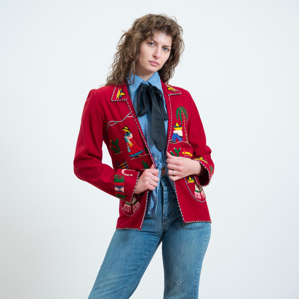 Vintage 1940s Mexican Embroidered Tourist Jacket - Small | 40s Red Wool Souvenir Novelty Blazer