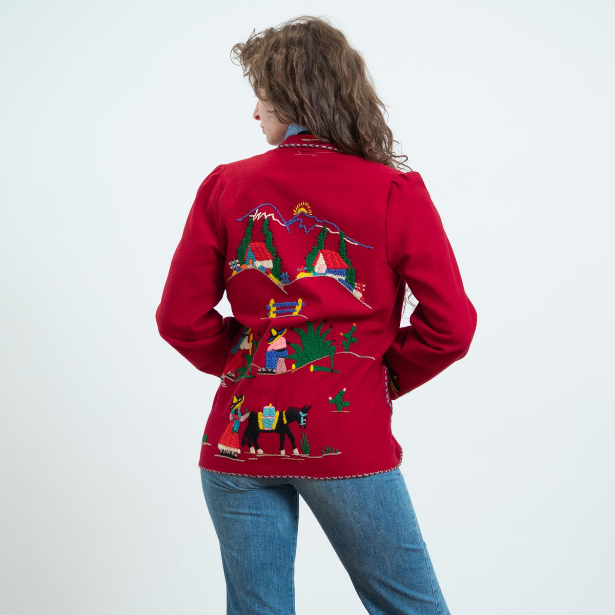 Vintage 1940s Mexican Embroidered Tourist Jacket - Small | 40s Red Wool Souvenir Novelty Blazer