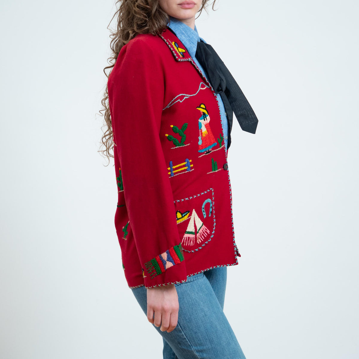 Vintage 1940s Mexican Embroidered Tourist Jacket - Small | 40s Red Wool Souvenir Novelty Blazer