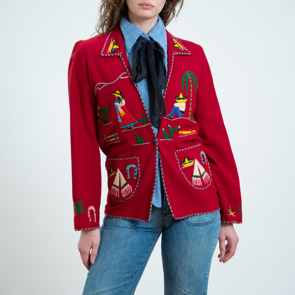 Vintage 1940s Mexican Embroidered Tourist Jacket - Small | 40s Red Wool Souvenir Novelty Blazer
