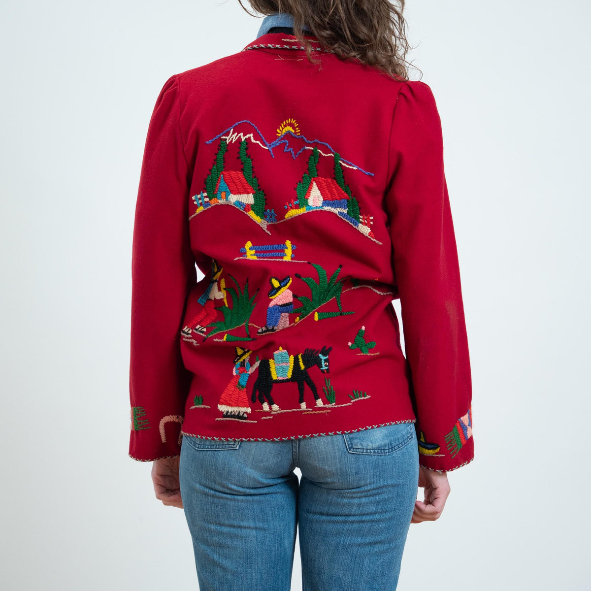 Vintage 1940s Mexican Embroidered Tourist Jacket - Small | 40s Red Wool Souvenir Novelty Blazer
