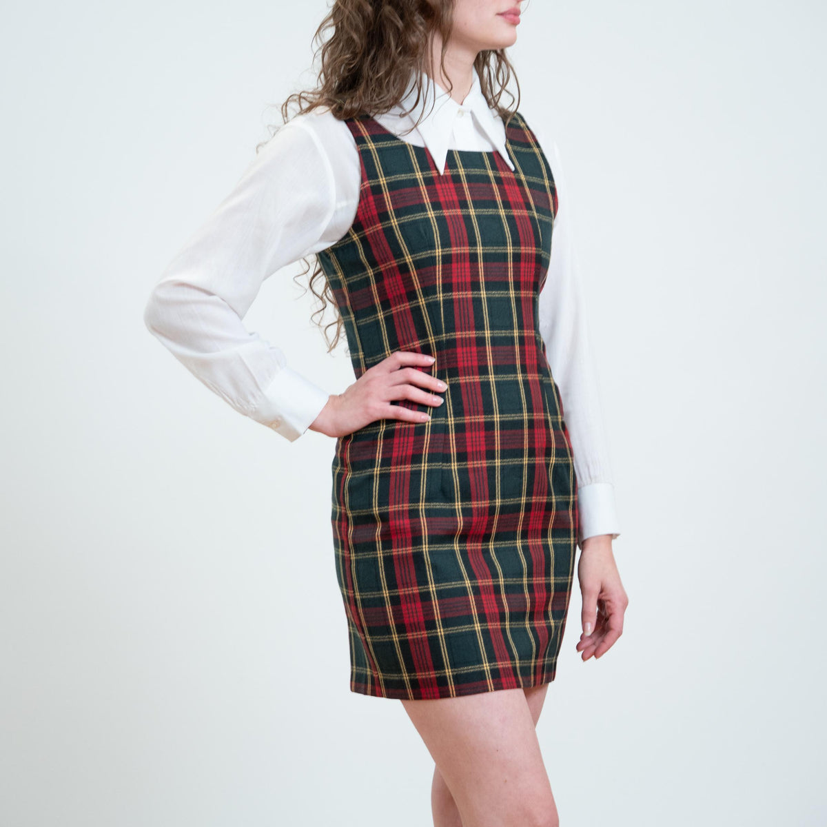 Vintage 90s Plaid Low Back Pinafore Dress - Small | Sleeveless Schoolgirl Tie Back Mini Dress