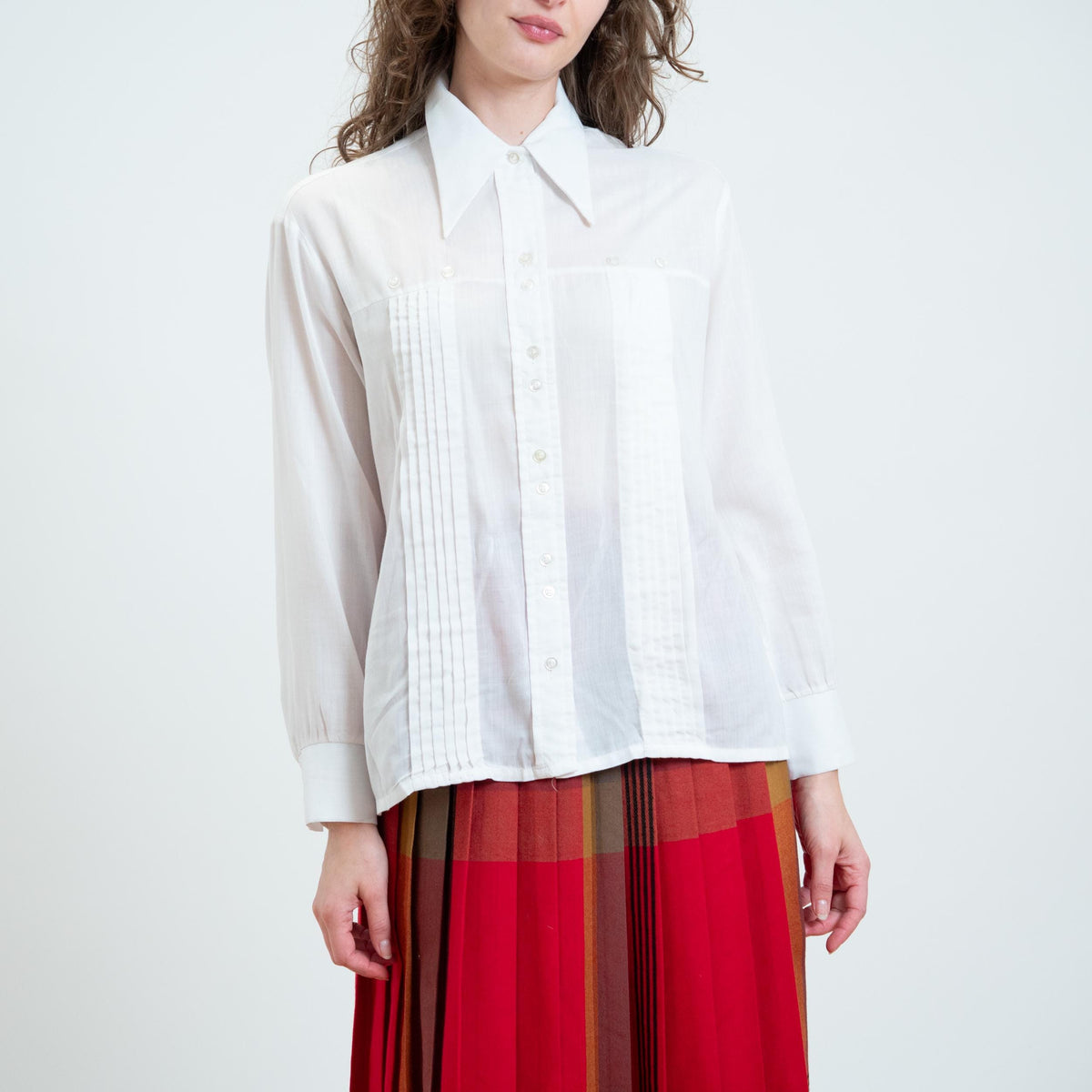 Vintage 70s Sheer White Dagger Collar Blouse - Large to XL | Double Button Long Sleeve Knife Pleat Shirt