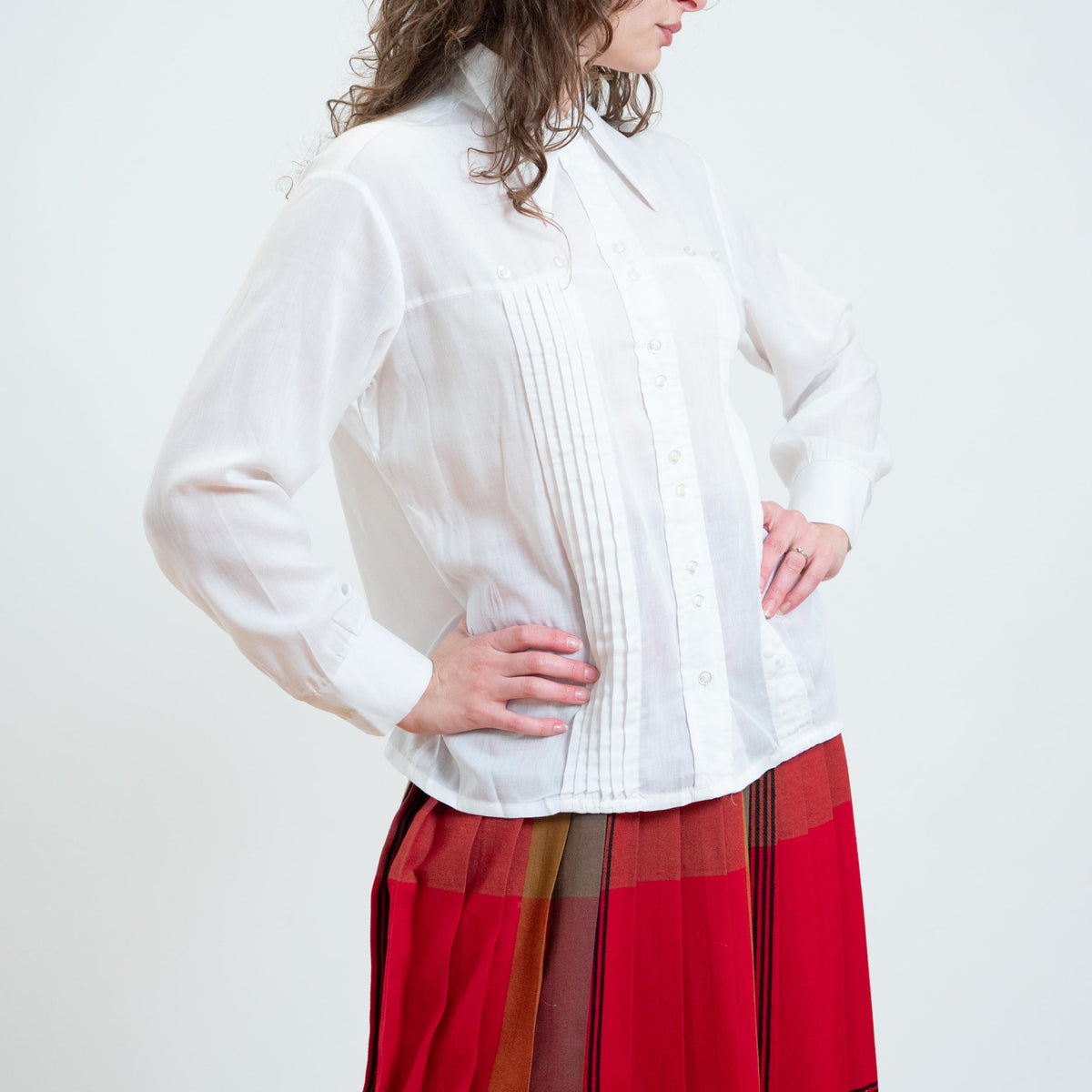 Vintage 70s Sheer White Dagger Collar Blouse - Large to XL | Double Button Long Sleeve Knife Pleat Shirt