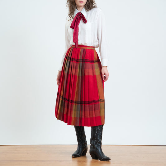 Vintage 80s Red Plaid Wool Pleated Midi Skirt - Small, 26" Waist | High Waisted Tartan Academia Skirt
