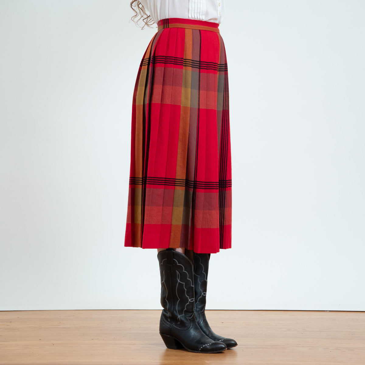 Vintage 80s Red Plaid Wool Pleated Midi Skirt - Small, 26" Waist | High Waisted Tartan Academia Skirt