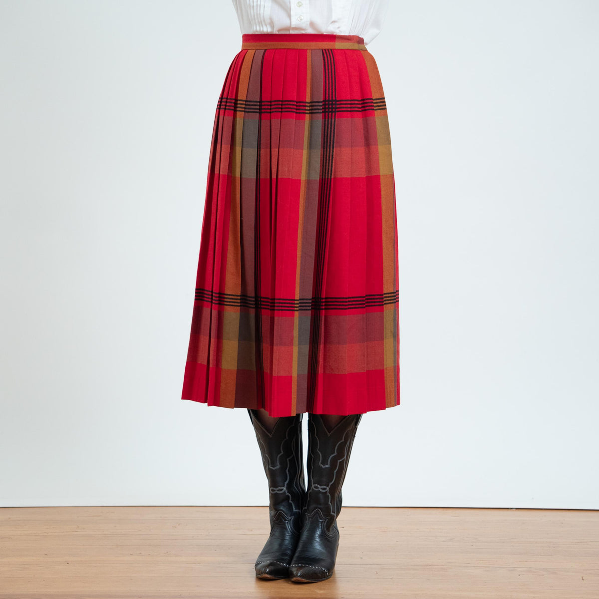 Vintage 80s Red Plaid Wool Pleated Midi Skirt - Small, 26" Waist | High Waisted Tartan Academia Skirt