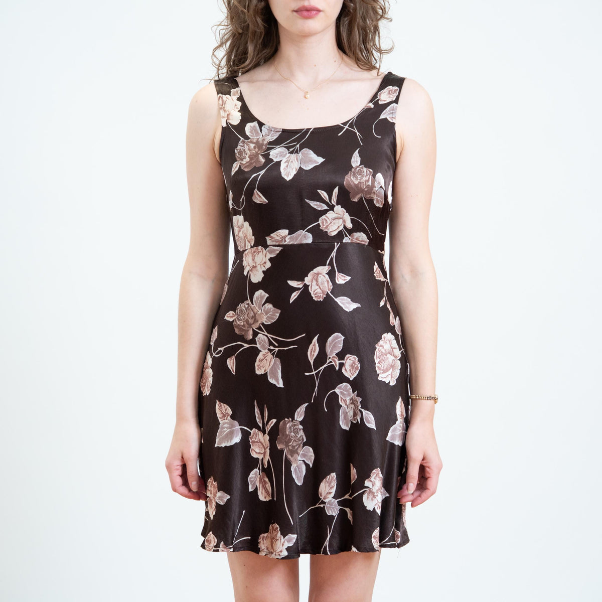 Vintage 90s Brown Rose Floral Satin Mini Dress - Small | Boho Sleeveless Babydoll Sundress