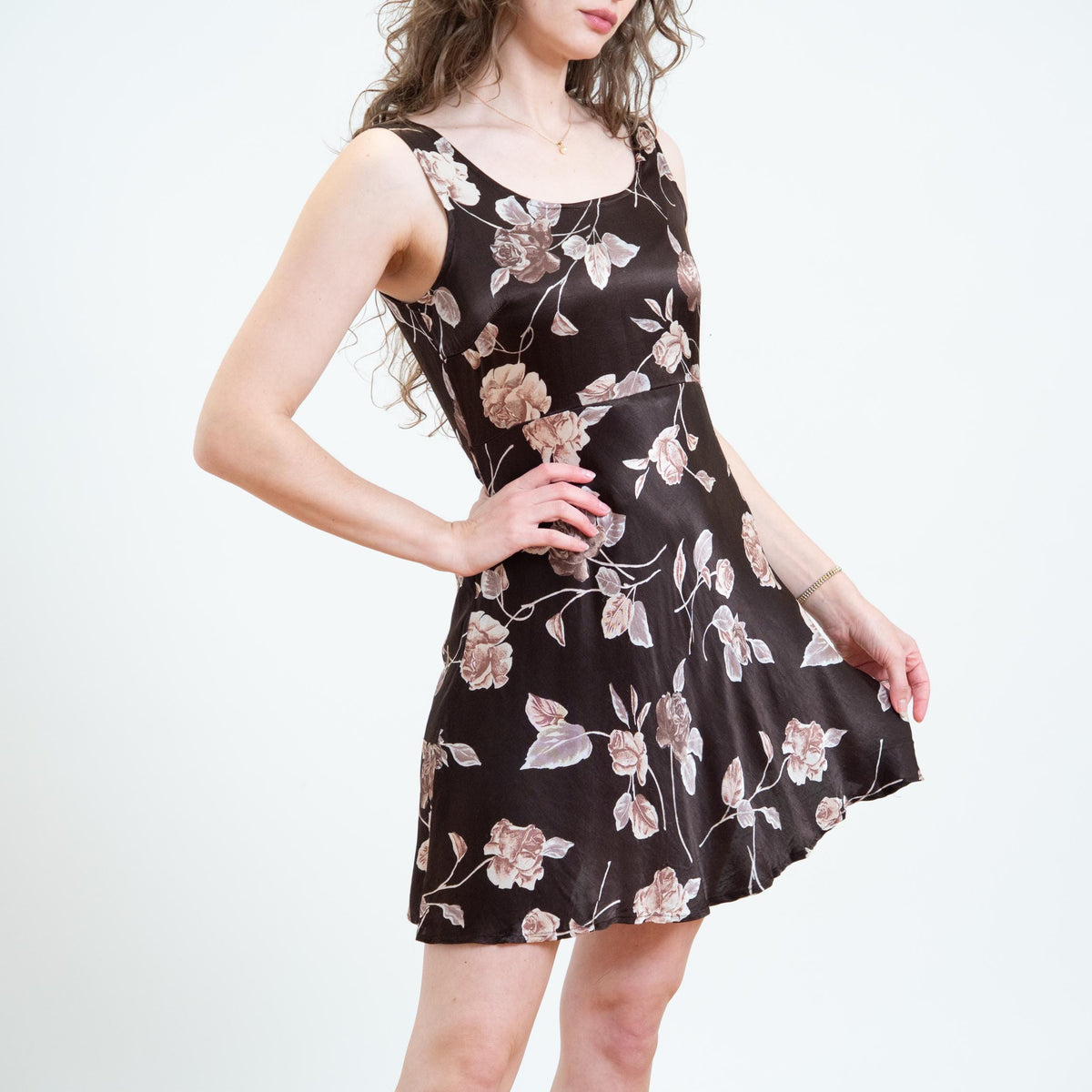 Vintage 90s Brown Rose Floral Satin Mini Dress - Small | Boho Sleeveless Babydoll Sundress