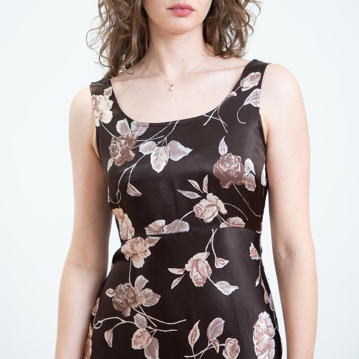 Vintage 90s Brown Rose Floral Satin Mini Dress - Small | Boho Sleeveless Babydoll Sundress