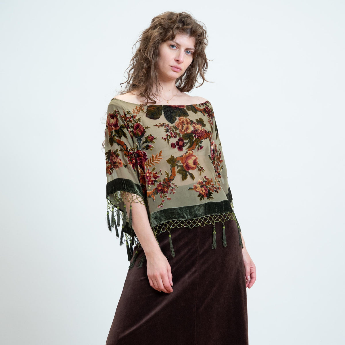 Vintage 90s Sage Green Floral Velvet Devore Tassel Top - Large | Boho Whimsigoth Sheer Poncho Blouse