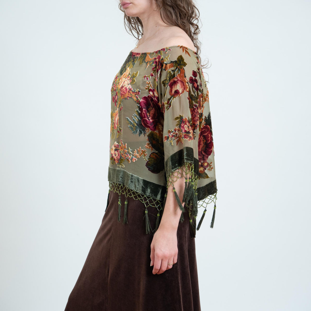 Vintage 90s Sage Green Floral Velvet Devore Tassel Top - Large | Boho Whimsigoth Sheer Poncho Blouse