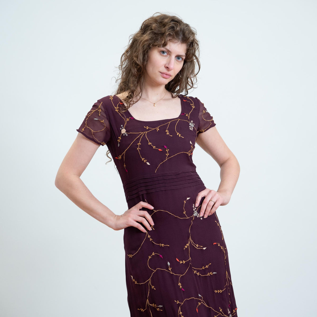 Vintage Y2K Plum Purple Silk Embroidered Maxi Dress - Small | Whimsigoth Boho Square Neck Long Dress