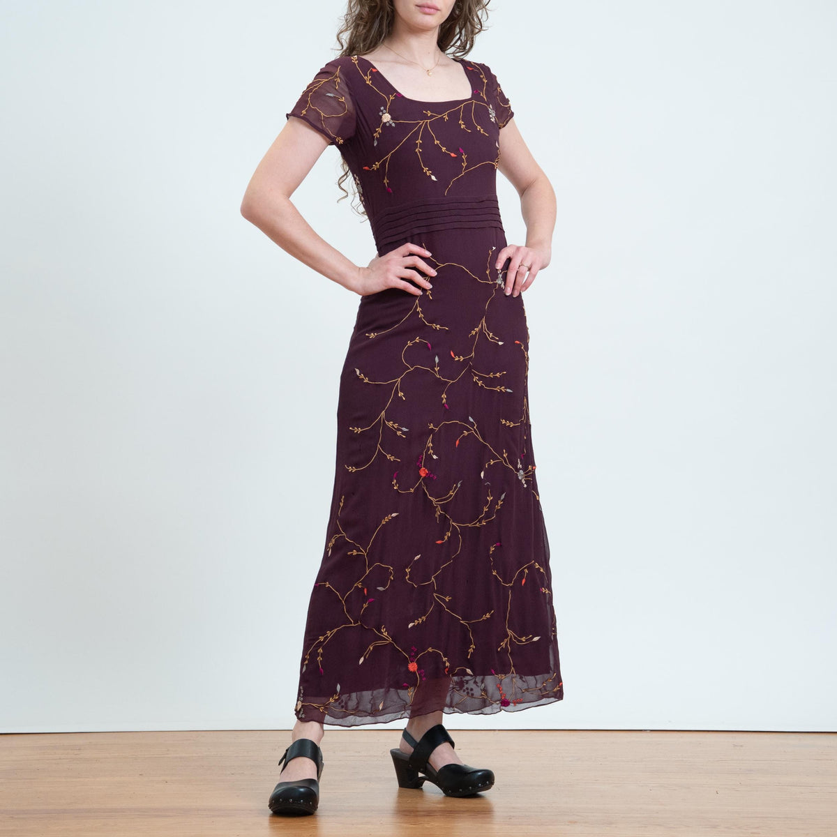 Vintage Y2K Plum Purple Silk Embroidered Maxi Dress - Small | Whimsigoth Boho Square Neck Long Dress
