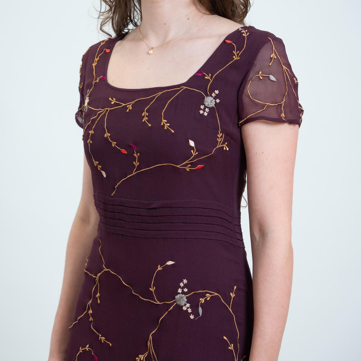 Vintage Y2K Plum Purple Silk Embroidered Maxi Dress - Small | Whimsigoth Boho Square Neck Long Dress