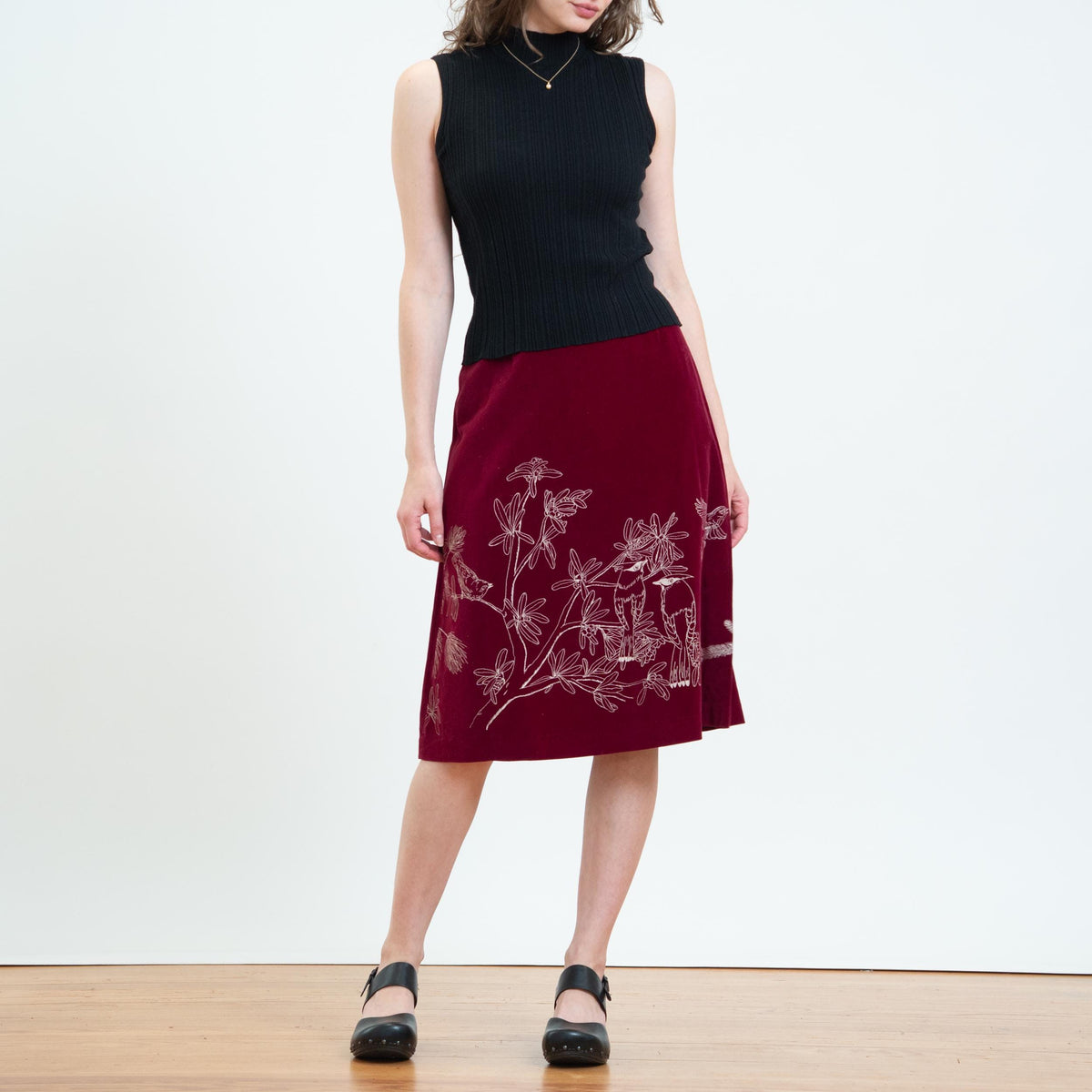 Vintage 70s Wine Red Velvet Bird Print Skirt - Small, 26” Waist | Boho A-Line Midi Skirt