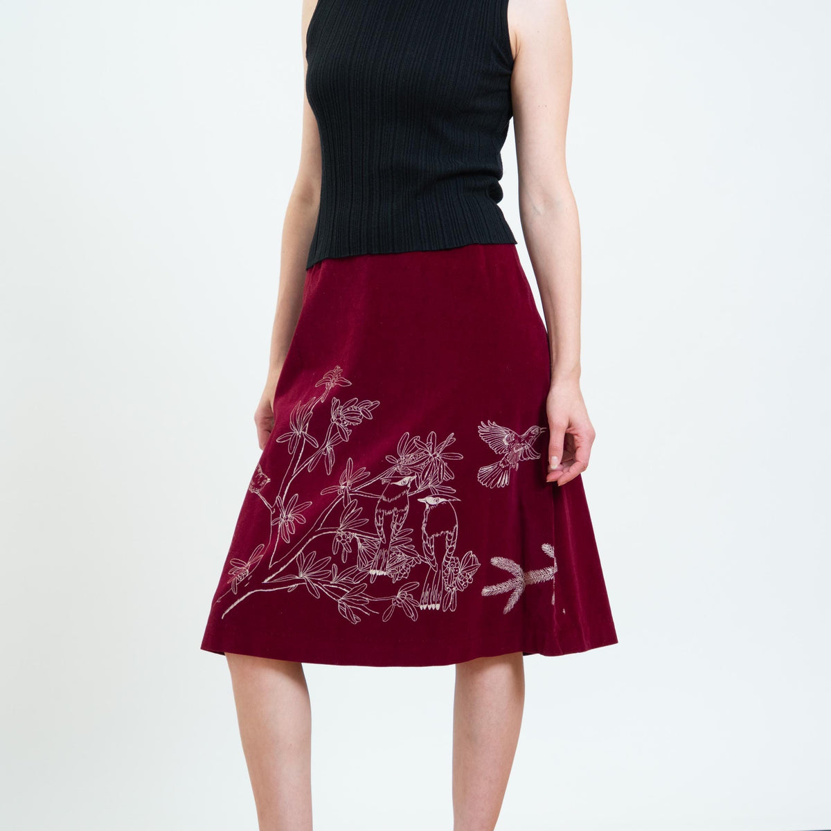 Vintage 70s Wine Red Velvet Bird Print Skirt - Small, 26” Waist | Boho A-Line Midi Skirt