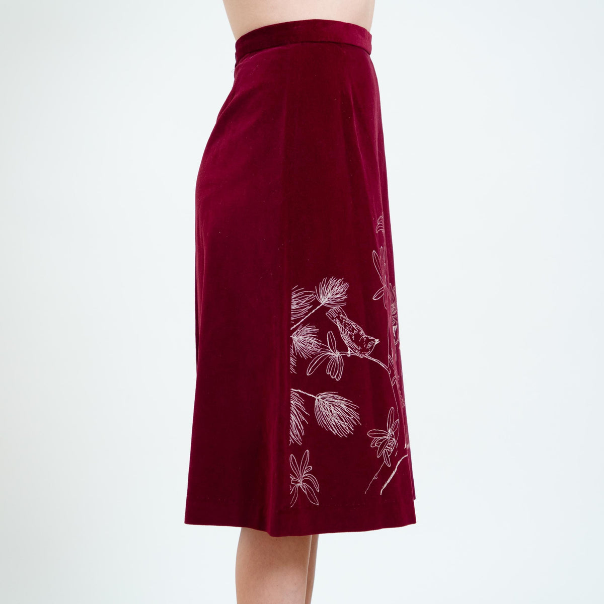 Vintage 70s Wine Red Velvet Bird Print Skirt - Small, 26” Waist | Boho A-Line Midi Skirt