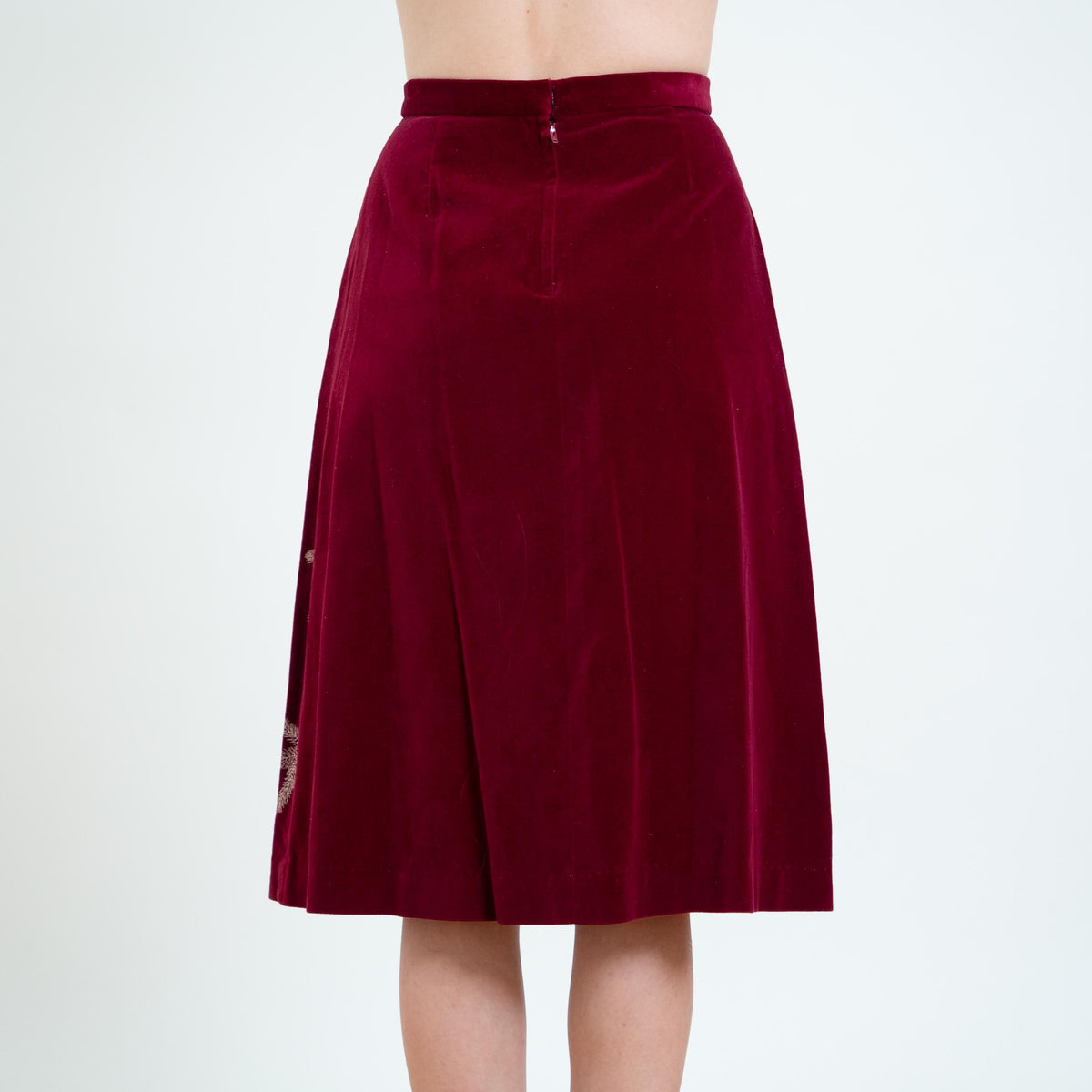 Vintage 70s Wine Red Velvet Bird Print Skirt - Small, 26” Waist | Boho A-Line Midi Skirt