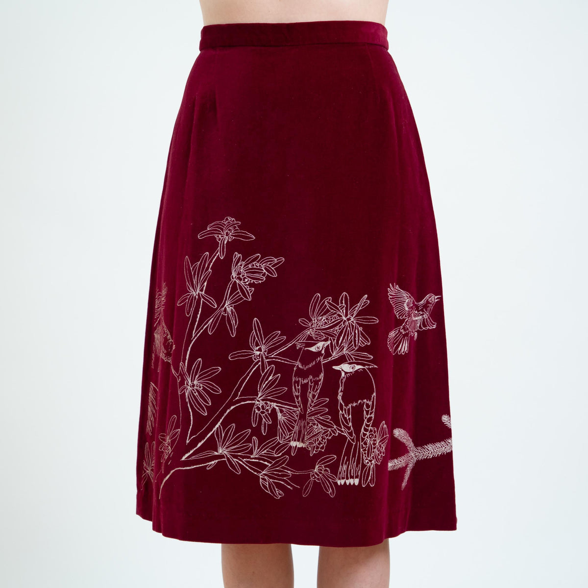 Vintage 70s Wine Red Velvet Bird Print Skirt - Small, 26” Waist | Boho A-Line Midi Skirt